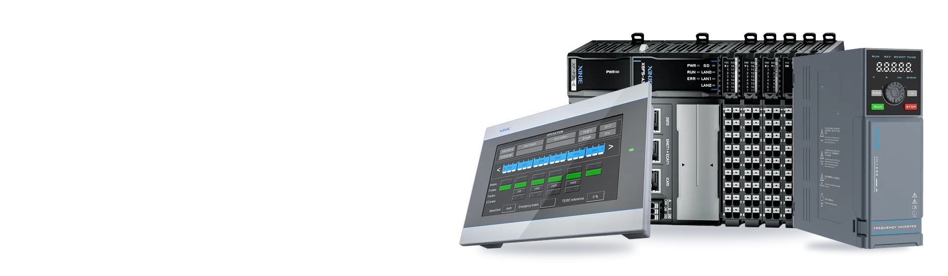 Panel HMI, sterownik PLC XSF5 i falownik