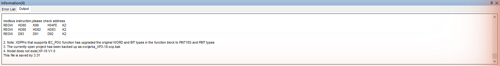 Koniec dziennika: „modbus instruction, please check address”, typy bloków C, kopia .bak i „Model does not exist”