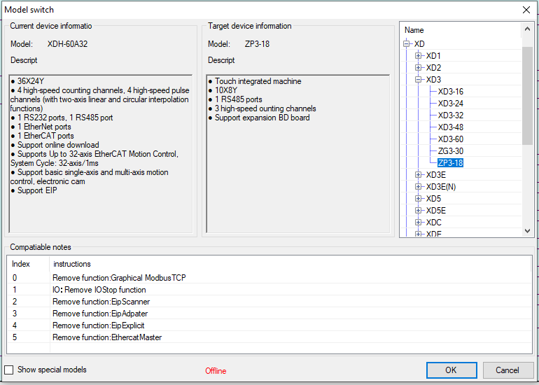 File → Change PLC Model: XP3-18 zmieniamy na ZP3-18 (gałąź XD3)