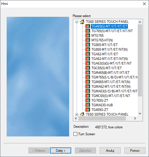 TouchWin V2.E.9: nowy projekt — wybór modelu panelu TG