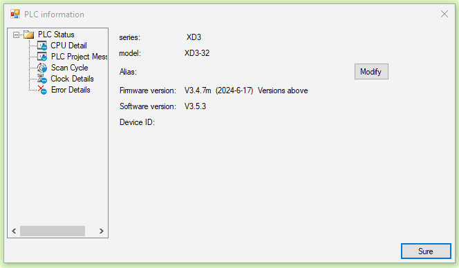 XDPPro — okno PLC information: seria XD3, model XD3-32, firmware V3.4.7m