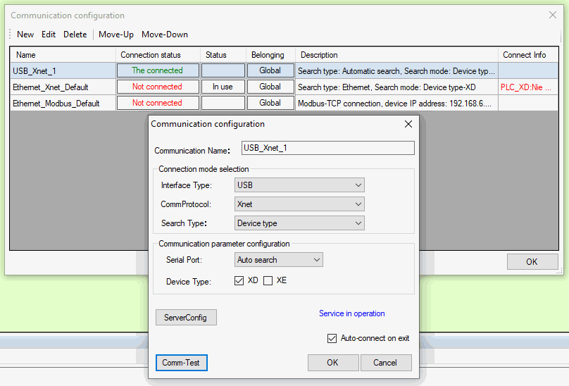 XDPPro — okno Communication configuration z połączeniem USB_Xnet_1
